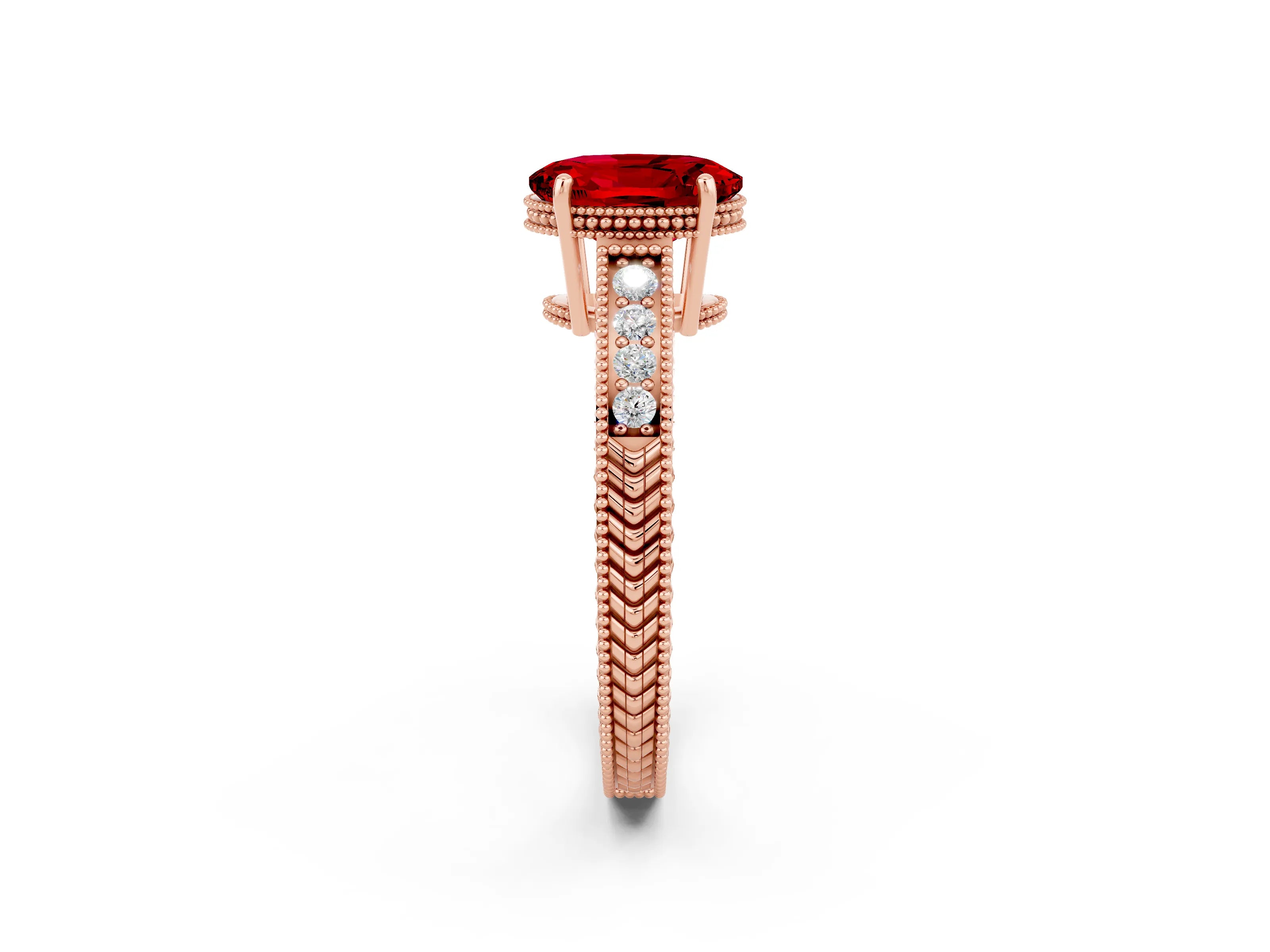 Rose gold Oval Cut Ruby Ring with Milgrain Pavé Band and Four-Prong Setting_14