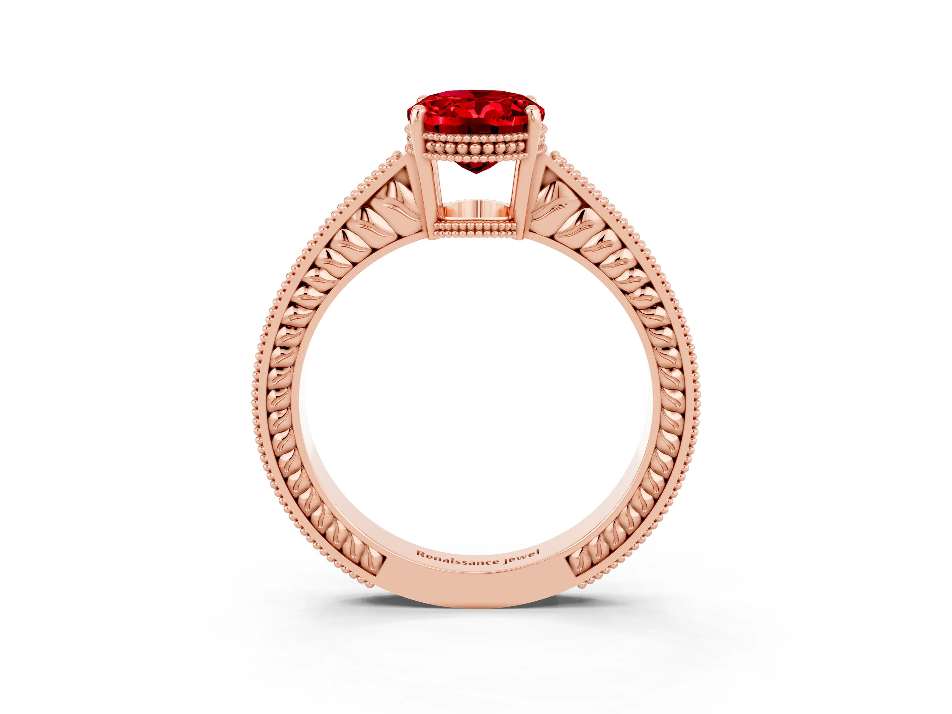 Rose gold Oval Cut Ruby Ring with Milgrain Pavé Band and Four-Prong Setting_15