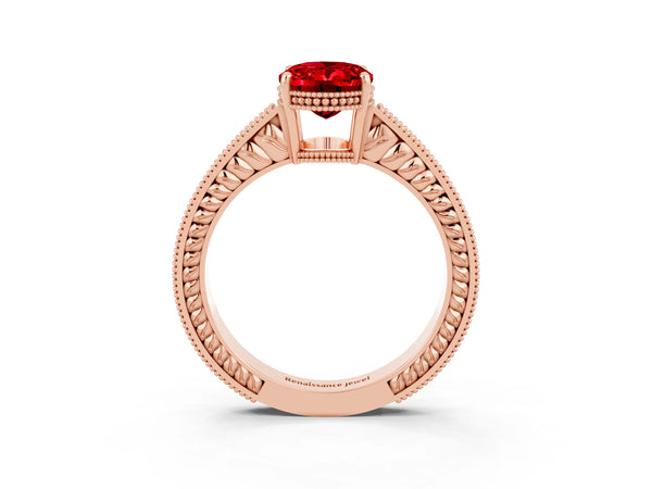 Rose gold Oval Cut Ruby Ring with Milgrain Pavé Band and Four-Prong Setting