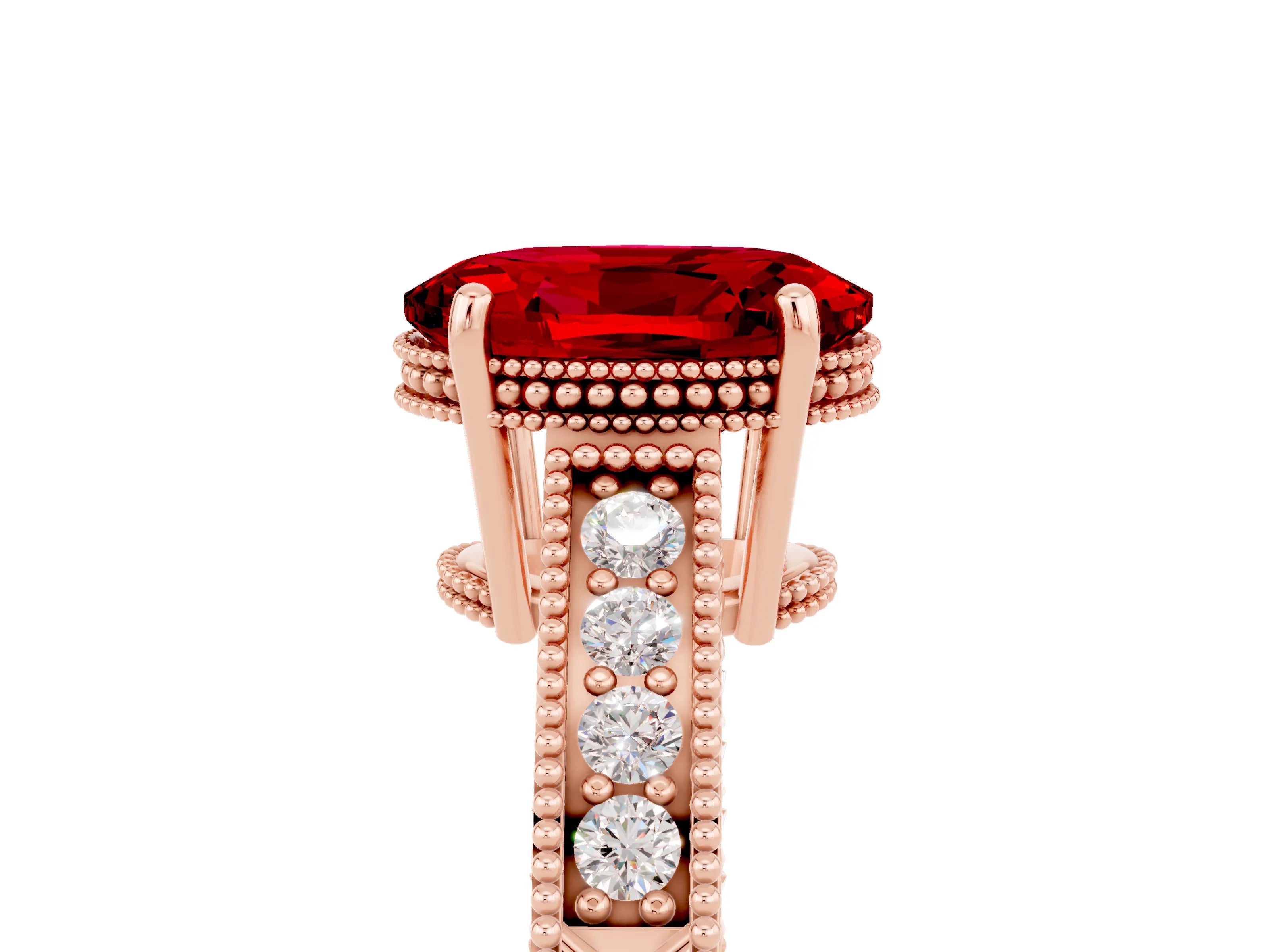 Rose gold Oval Cut Ruby Ring with Milgrain Pavé Band and Four-Prong Setting_17