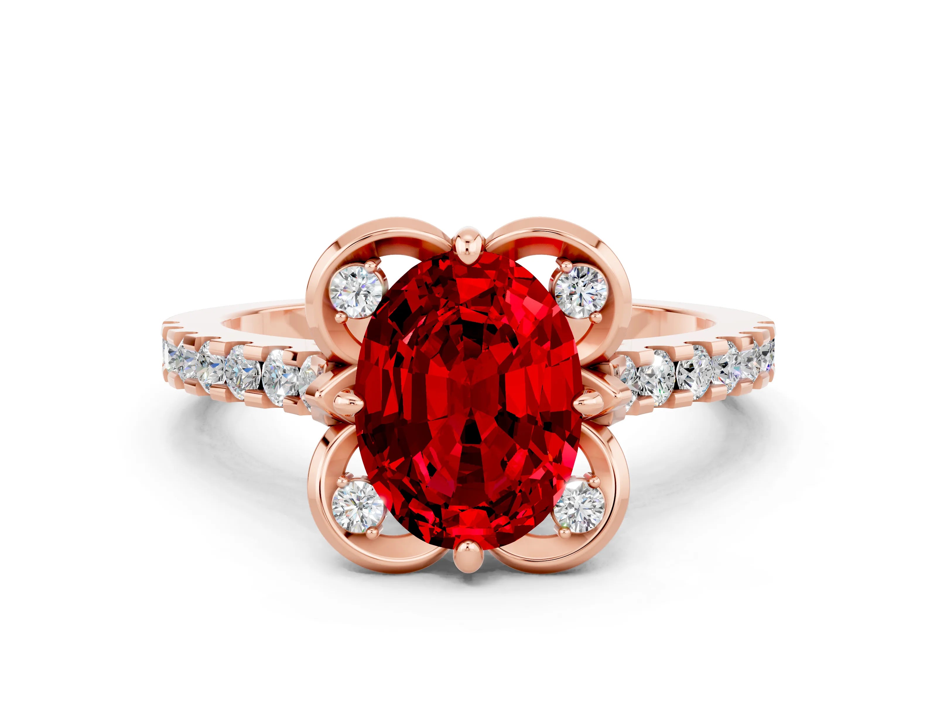 Rose gold Oval Cut Ruby Ring with Pavé Band and Floral Prong Setting