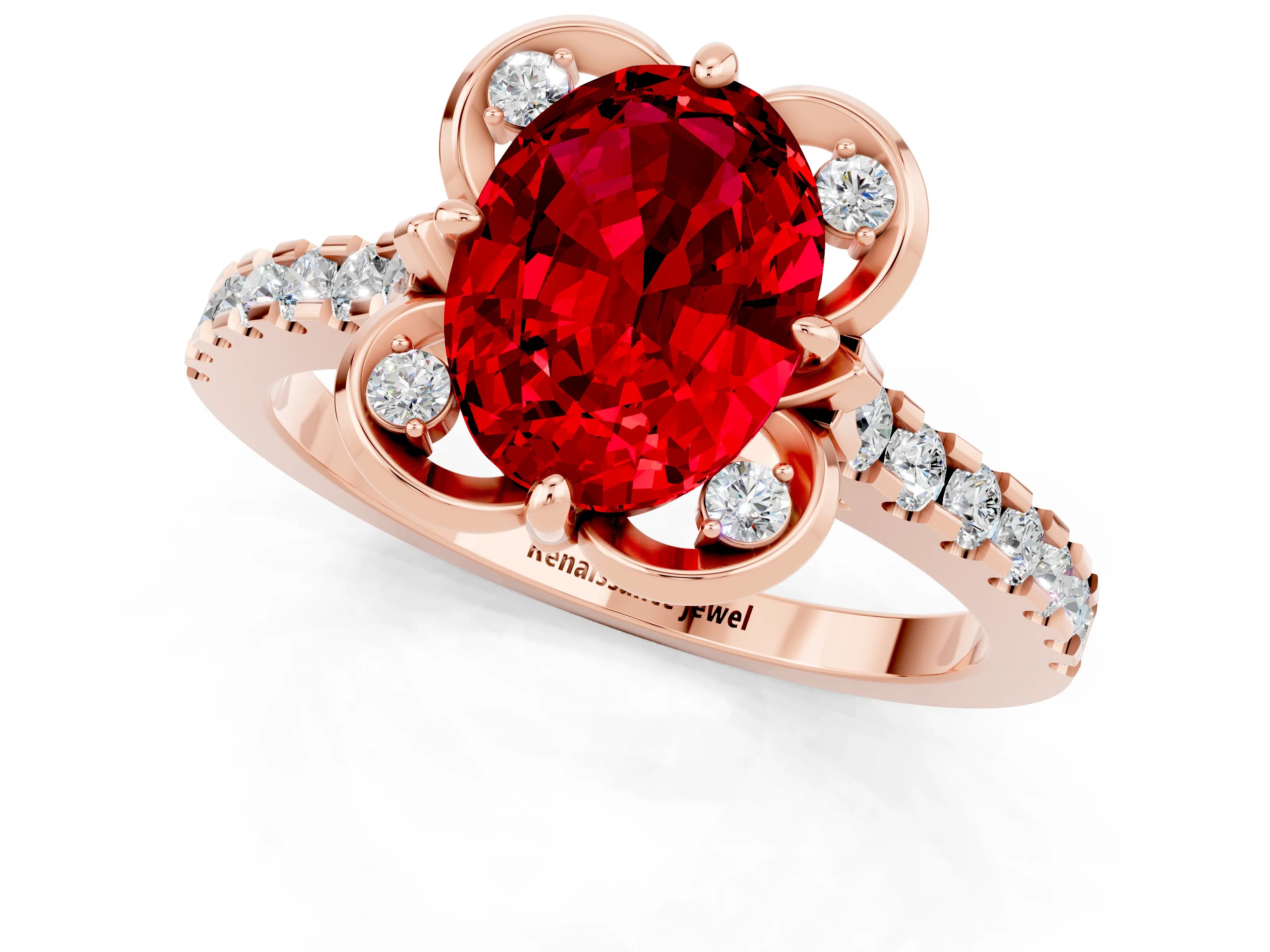Rose gold Oval Cut Ruby Ring with Pavé Band and Floral Prong Setting_1