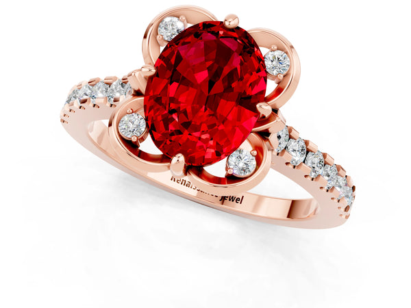Rose gold Oval Cut Ruby Ring with Pavé Band and Floral Prong Setting
