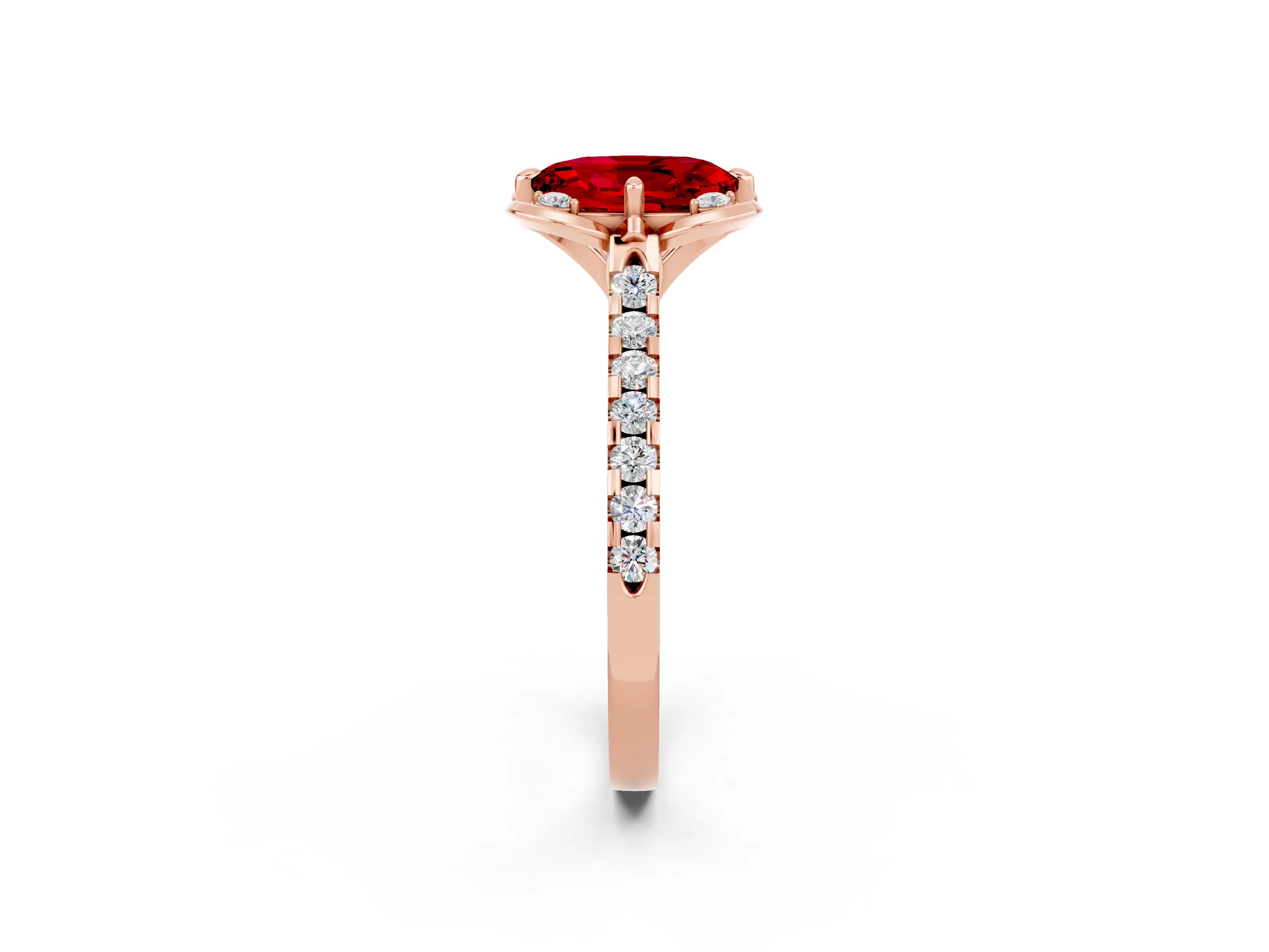 Rose gold Oval Cut Ruby Ring with Pavé Band and Floral Prong Setting_2
