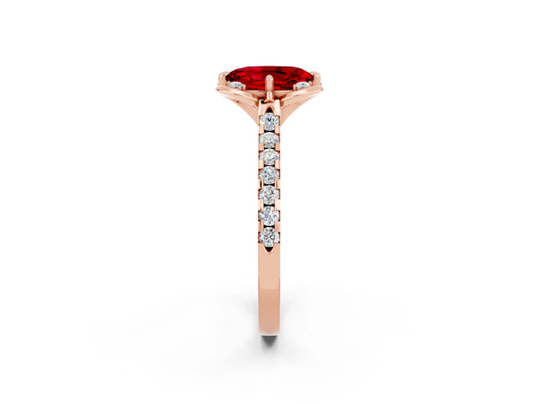Rose gold Oval Cut Ruby Ring with Pavé Band and Floral Prong Setting