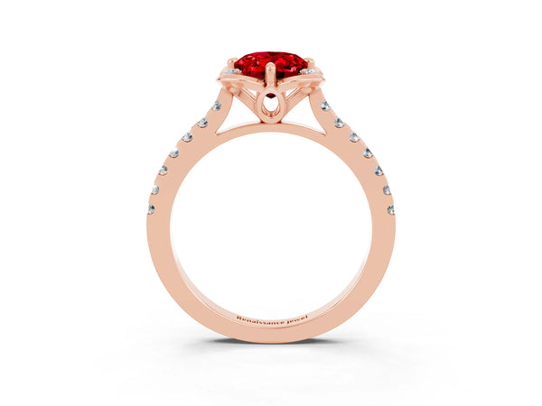 Rose gold Oval Cut Ruby Ring with Pavé Band and Floral Prong Setting