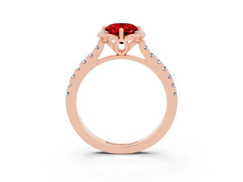 Rose gold Oval Cut Ruby Ring with Pavé Band and Floral Prong Setting_3