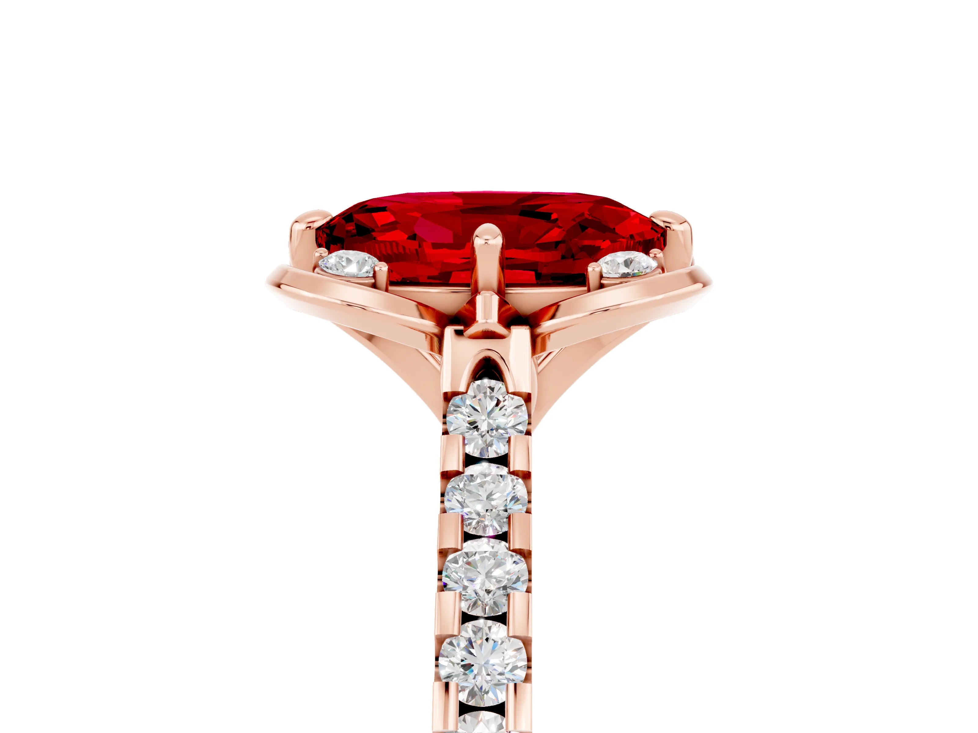 Rose gold Oval Cut Ruby Ring with Pavé Band and Floral Prong Setting_5
