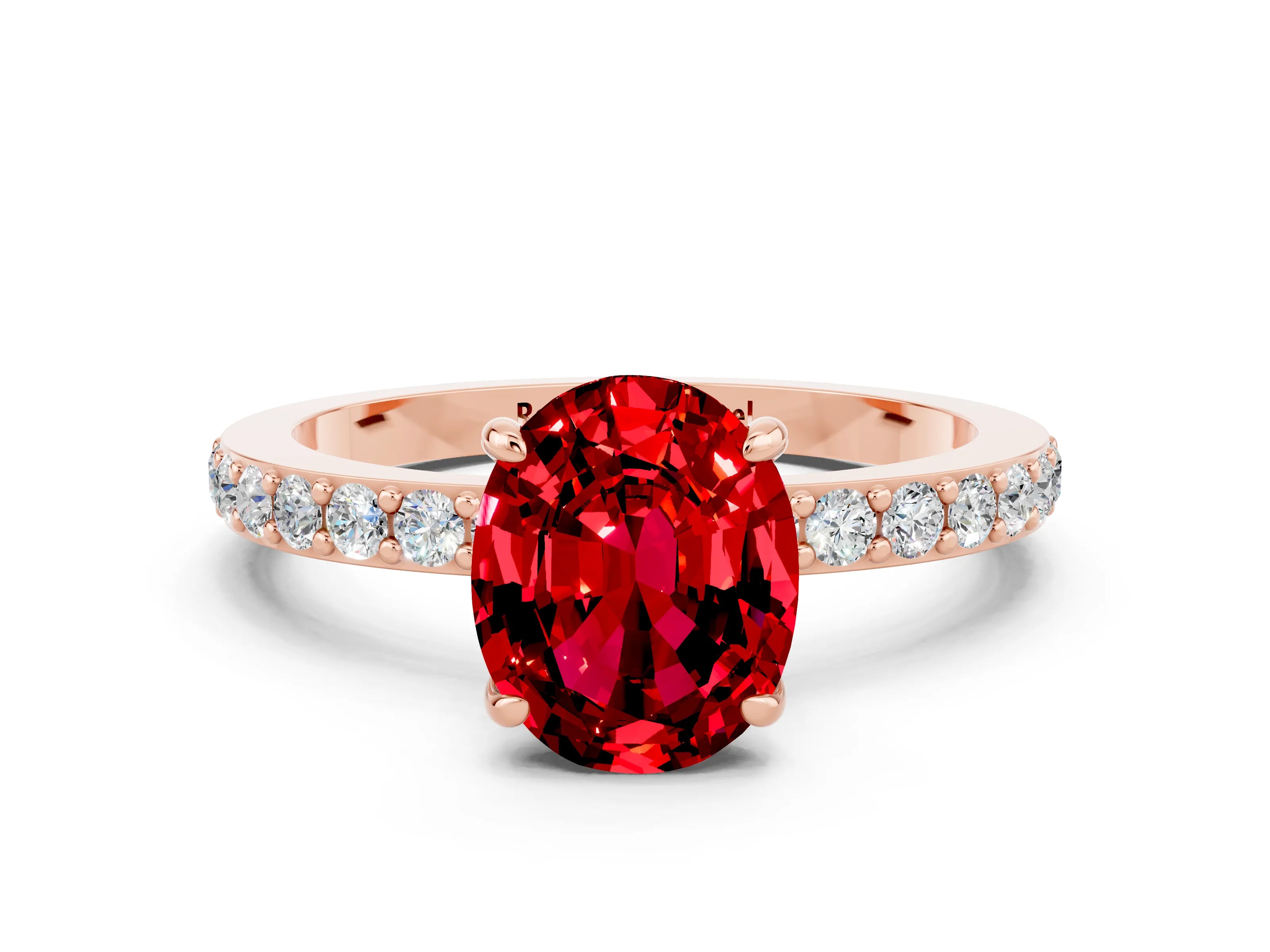 Rose gold Oval Cut Ruby Ring with Pavé Band and Four-Prong Setting