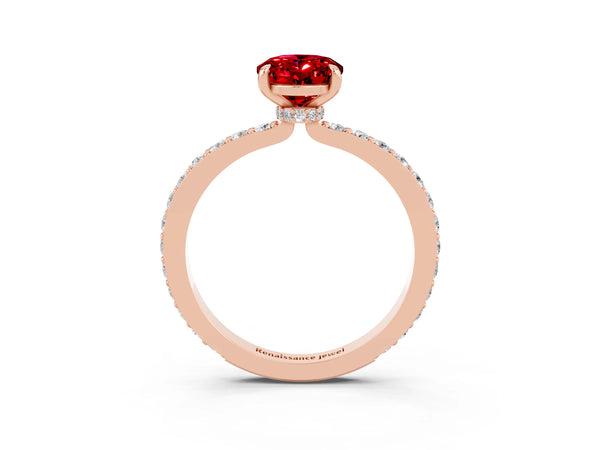 Rose gold Oval Cut Ruby Pavé Engagement Ring with Round  Accents and Prong Setting