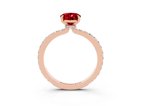 Rose gold Oval Cut Ruby Ring with Pavé Band and Four-Prong Setting_3