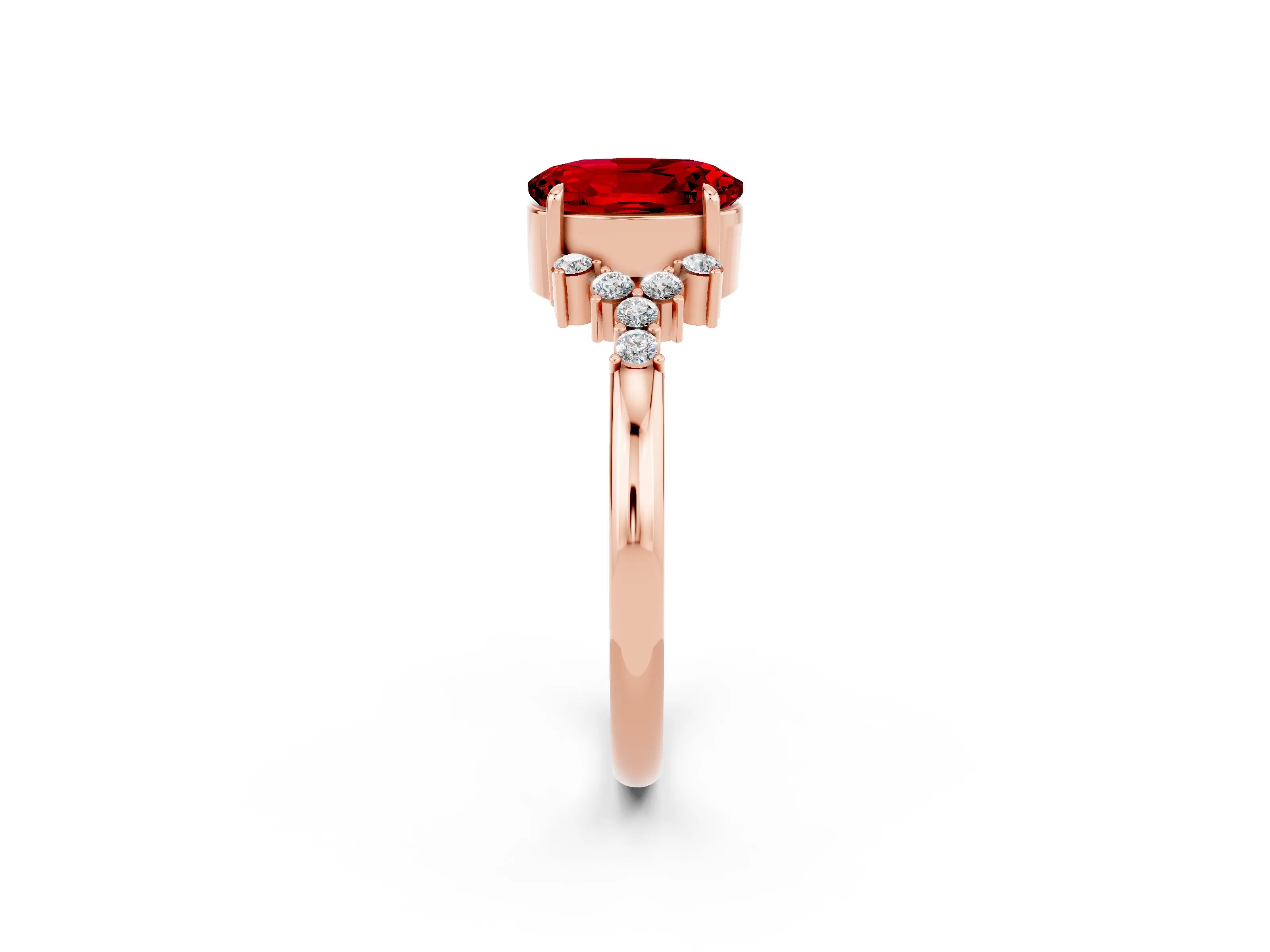 Rose gold Oval Cut Ruby Ring with Side Stones and Four-Prong Setting_74