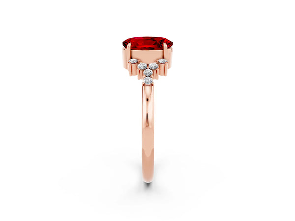 Rose gold Oval Cut Ruby Ring with Side Stones and Four-Prong Setting