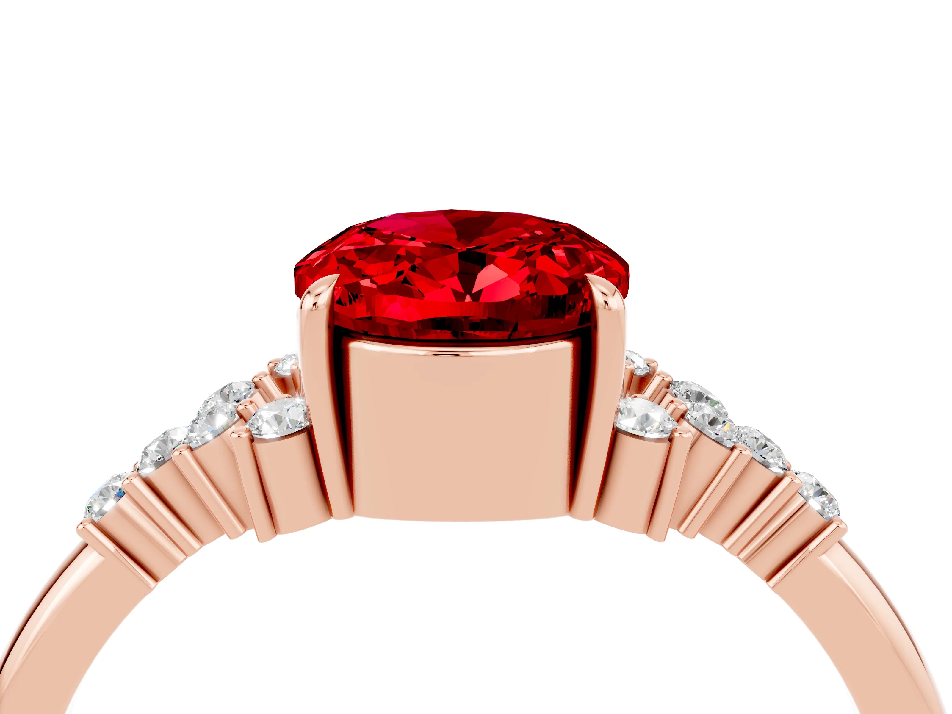Rose gold Oval Cut Ruby Ring with Side Stones and Four-Prong Setting_76