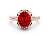 Rose gold Oval Cut Ruby Scalloped Halo Engagement Ring with Round Shared Prong Band_12