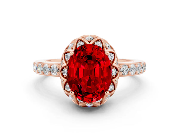 Rose gold Oval Cut Ruby Scalloped Halo Engagement Ring with Round Shared Prong Band