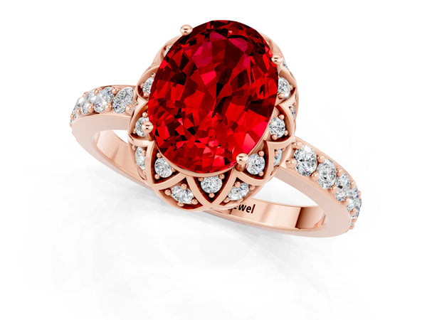 Rose gold Oval Cut Ruby Scalloped Halo Engagement Ring with Round Shared Prong Band