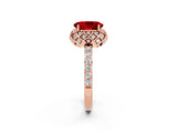 Rose gold Oval Cut Ruby Scalloped Halo Engagement Ring with Round Shared Prong Band_14