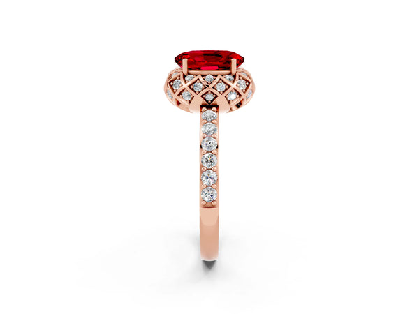 Rose gold Oval Cut Ruby Scalloped Halo Engagement Ring with Round Shared Prong Band