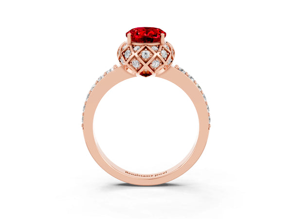 Rose gold Oval Cut Ruby Scalloped Halo Engagement Ring with Round Shared Prong Band