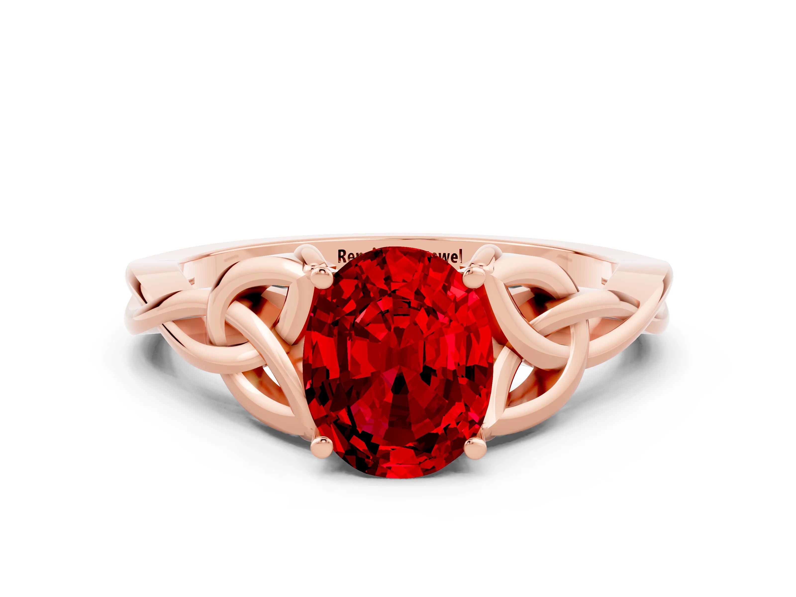 Rose gold Oval Cut Ruby Solitaire Celtic Knot Ring with Four-Prong Setting_12