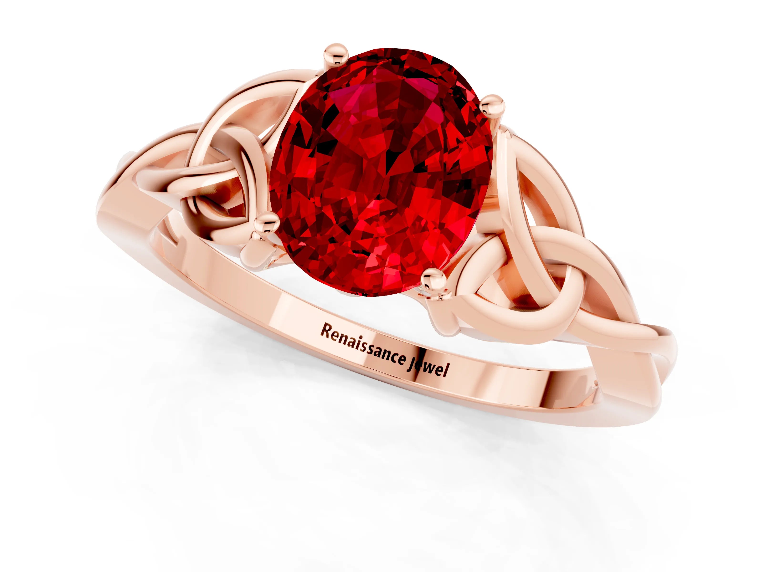 Rose gold Oval Cut Ruby Solitaire Celtic Knot Ring with Four-Prong Setting_13