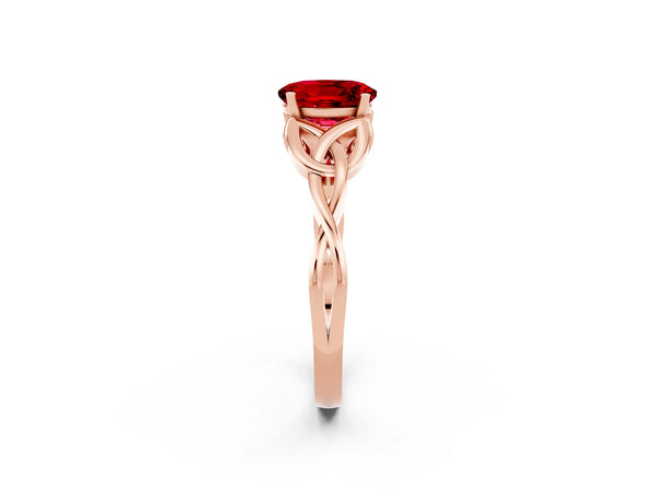 Rose gold Oval Cut Ruby Solitaire Celtic Knot Ring with Four-Prong Setting