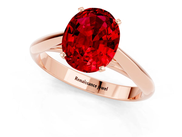 Rose gold Oval Cut Ruby Solitaire Engagement Ring with Cathedral Setting and Four-Prong Mount