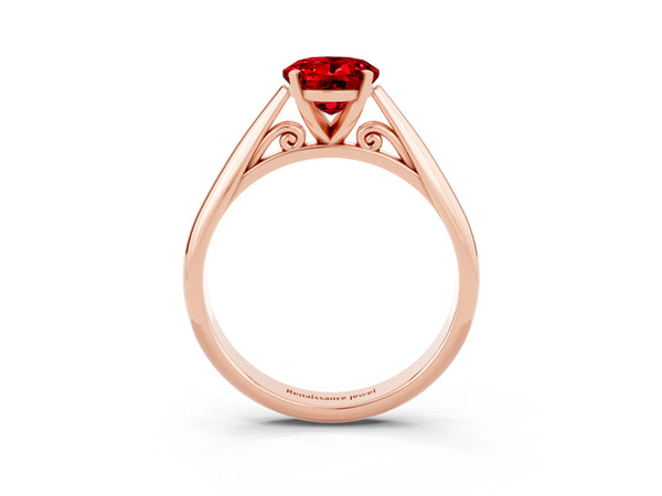 Rose gold Oval Cut Ruby Solitaire Engagement Ring with Cathedral Setting and Four-Prong Mount