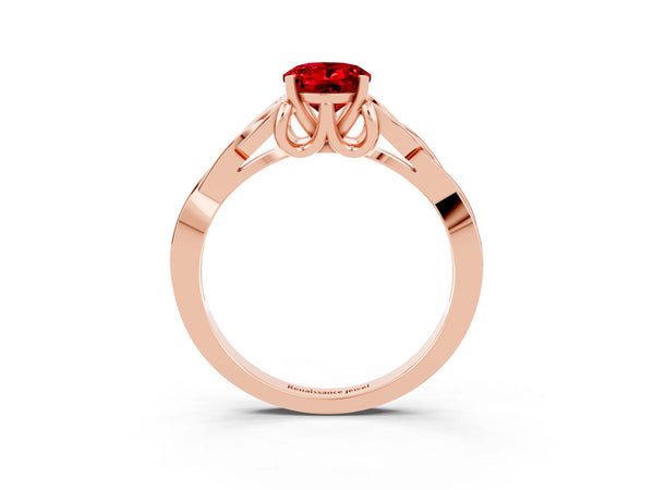 Rose gold Oval Cut Ruby Solitaire Engagement Ring with Celtic Knot Band and Four-Prong Setting