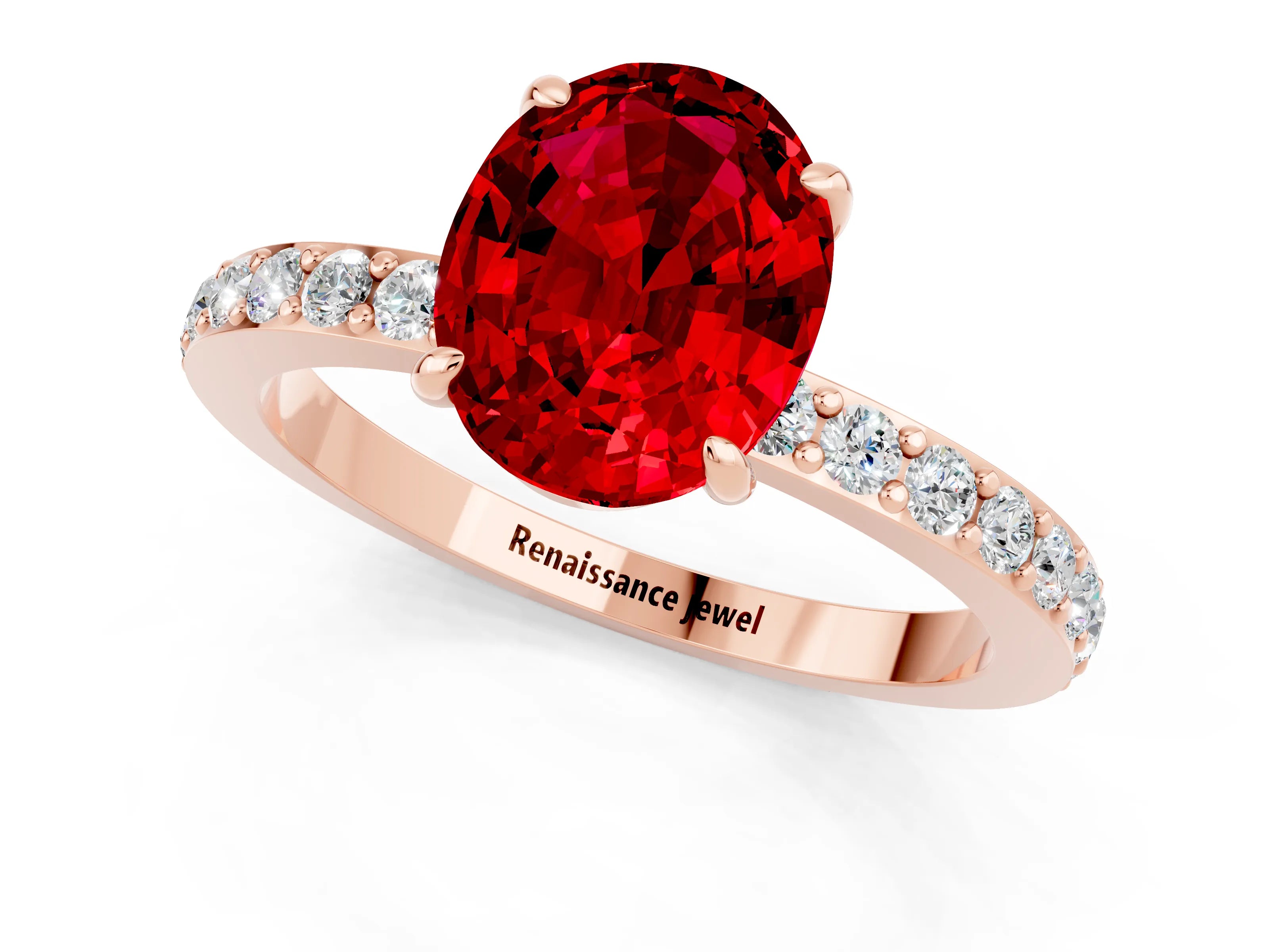 Rose gold Oval Cut Ruby Solitaire Engagement Ring with Pavé Band and Four-Prong Setting_1