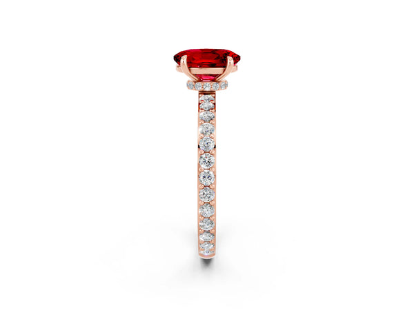Rose gold Oval Cut Ruby Solitaire Engagement Ring with Pavé Band and Four-Prong Setting