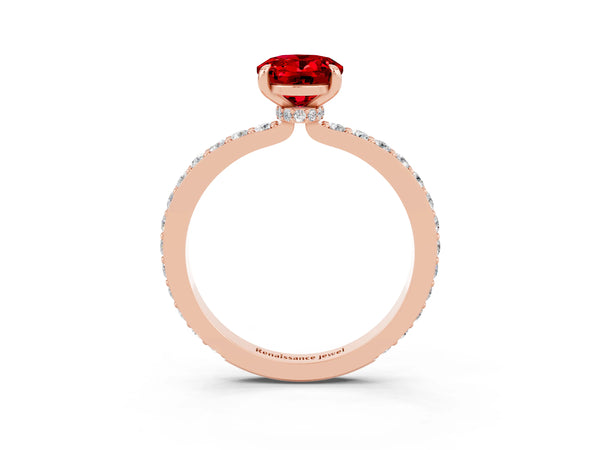 Rose gold Oval Cut Ruby Solitaire Engagement Ring with Pavé Band and Four-Prong Setting