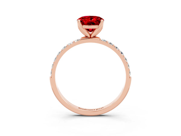 Rose gold Oval Cut Ruby Solitaire Engagement Ring with Round  Pavé Band and Prong Setting