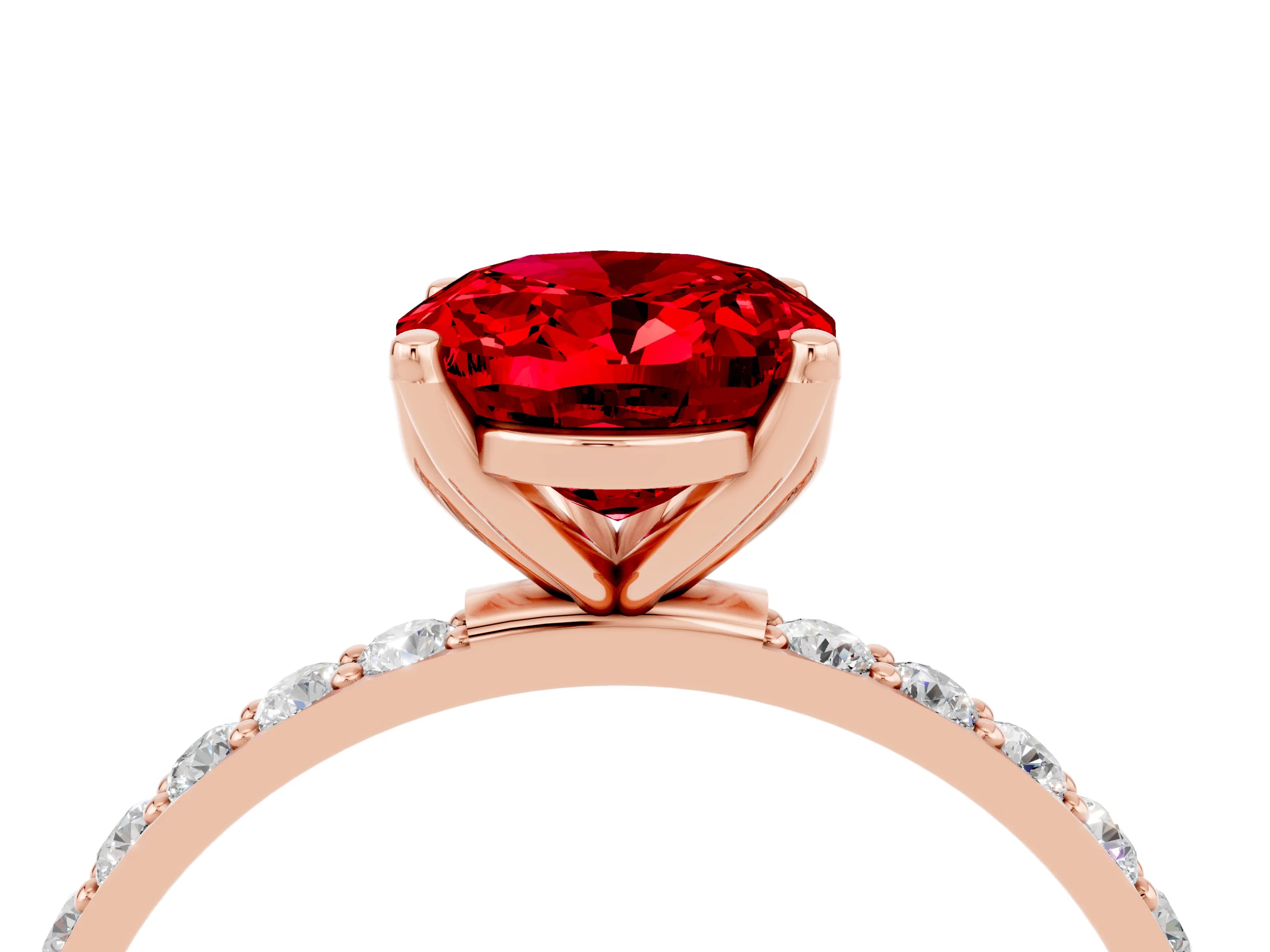 Rose gold Oval Cut Ruby Solitaire Engagement Ring with Pavé Band and Prong Setting_4