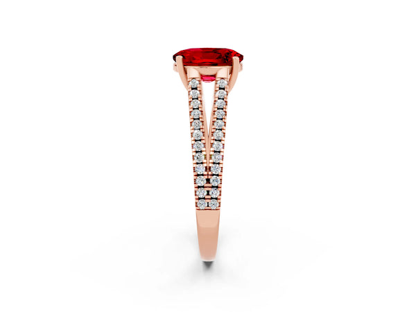 Rose gold Oval Cut Ruby Solitaire Engagement Ring with Split Shank Pavé Band