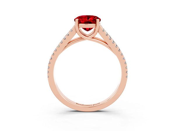 Rose gold Oval Cut Ruby Solitaire Engagement Ring with Split Shank Pavé Band
