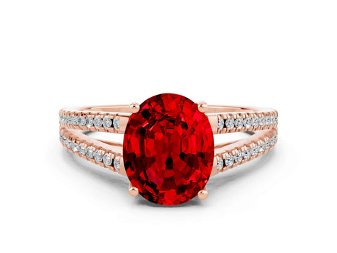 Rose gold Oval Cut Ruby Solitaire Engagement Ring with Split Shank Pavé Band