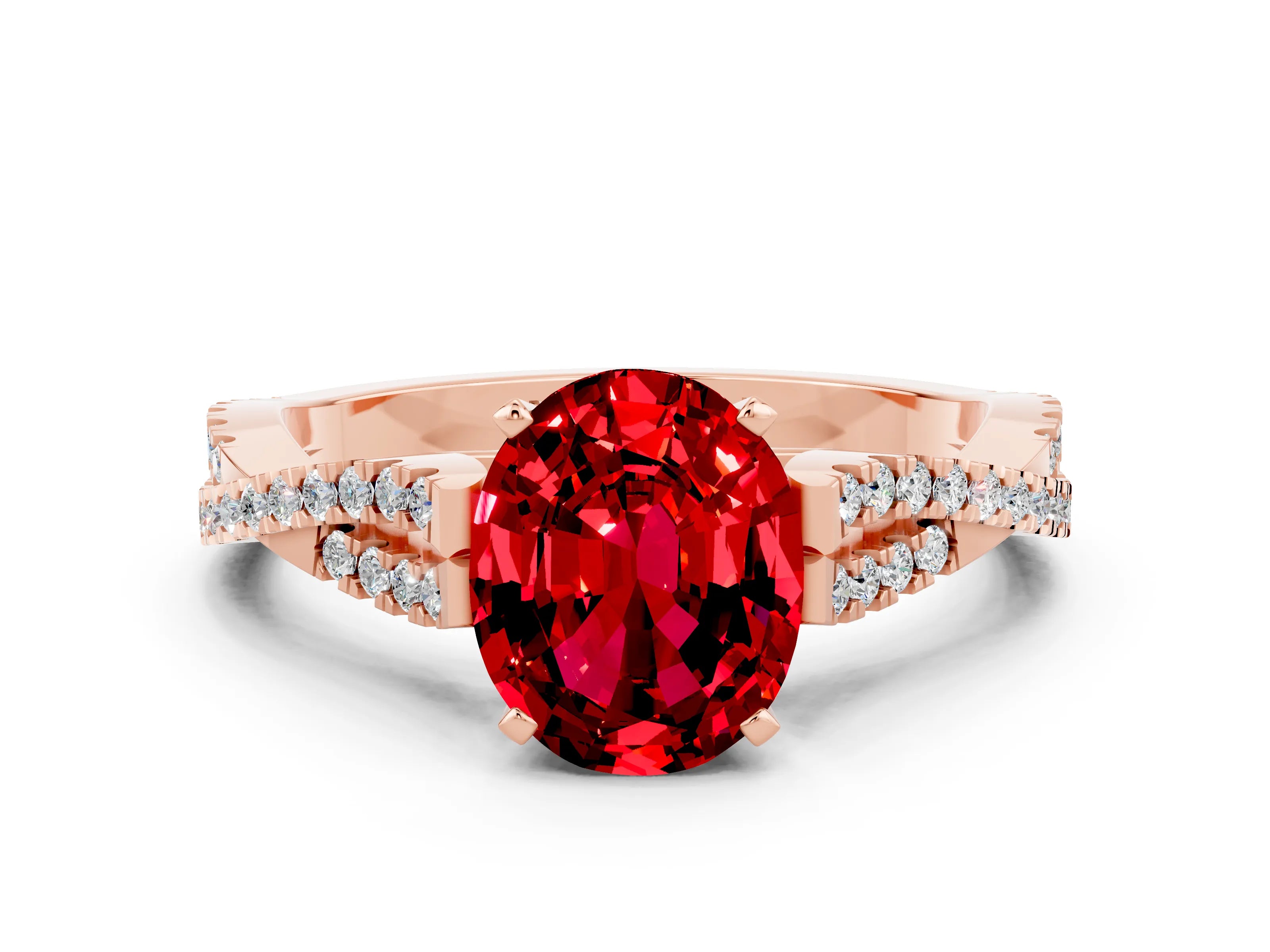Rose gold Oval Cut Ruby Solitaire Engagement Ring with Twisted Pavé Band and Four-Prong Setting