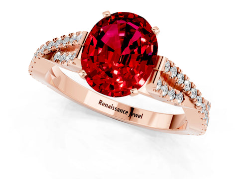 Rose gold Oval Cut Ruby Solitaire Engagement Ring with Twisted Pavé Band and Four-Prong Setting_1