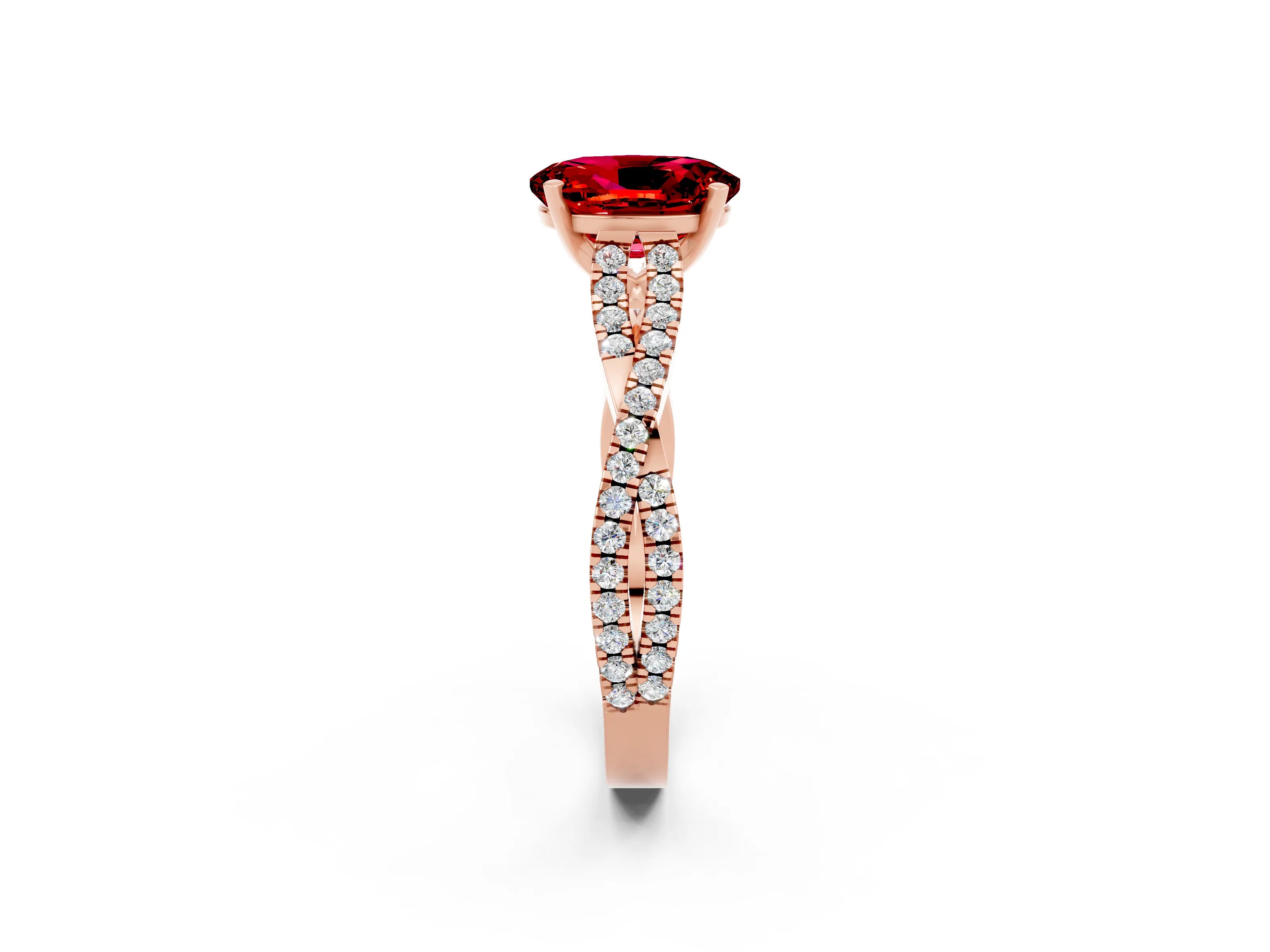 Rose gold Oval Cut Ruby Solitaire Engagement Ring with Twisted Pavé Band and Four-Prong Setting_2