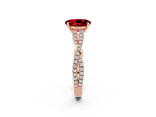 Rose gold Oval Cut Ruby Solitaire Engagement Ring with Twisted Pavé Band and Four-Prong Setting