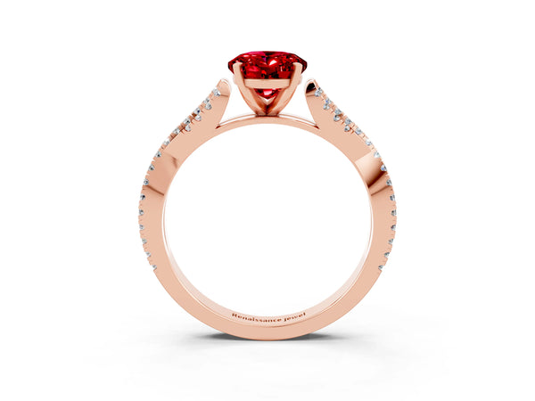 Rose gold Oval Cut Ruby Solitaire Engagement Ring with Twisted Pavé Band and Four-Prong Setting