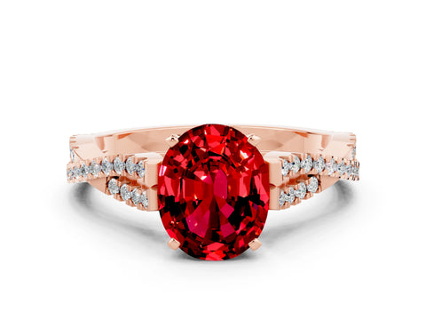 Rose gold Oval Cut Ruby Solitaire Engagement Ring with Twisted Pavé Band and Four-Prong Setting