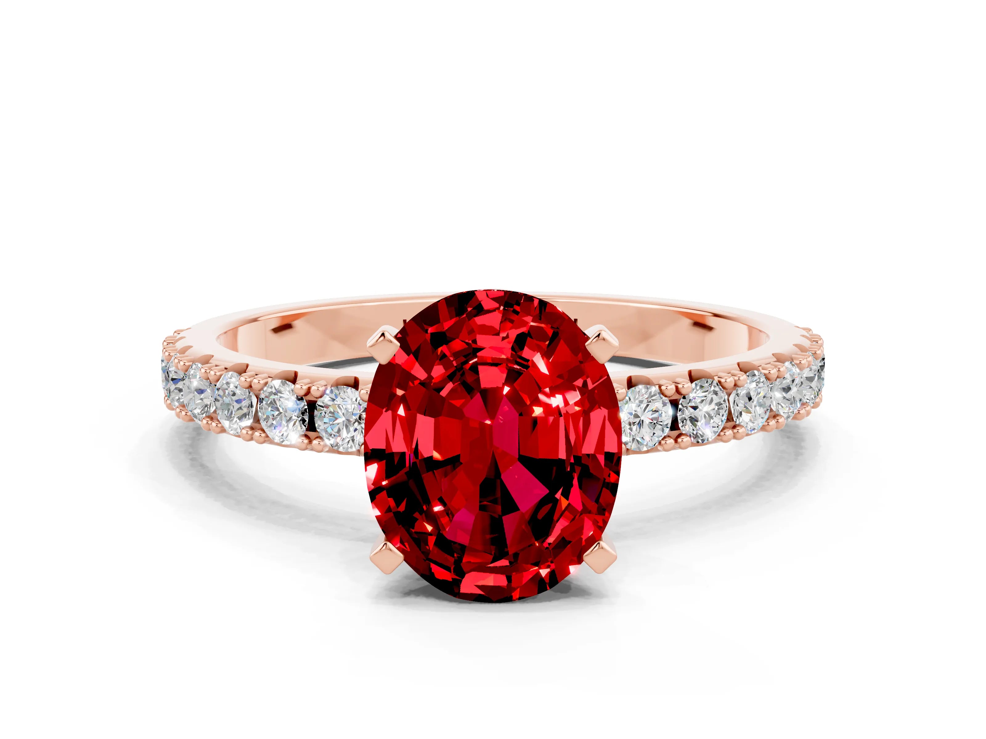 Rose gold Oval Cut Ruby Solitaire Pavé Band with Four-Prong Setting