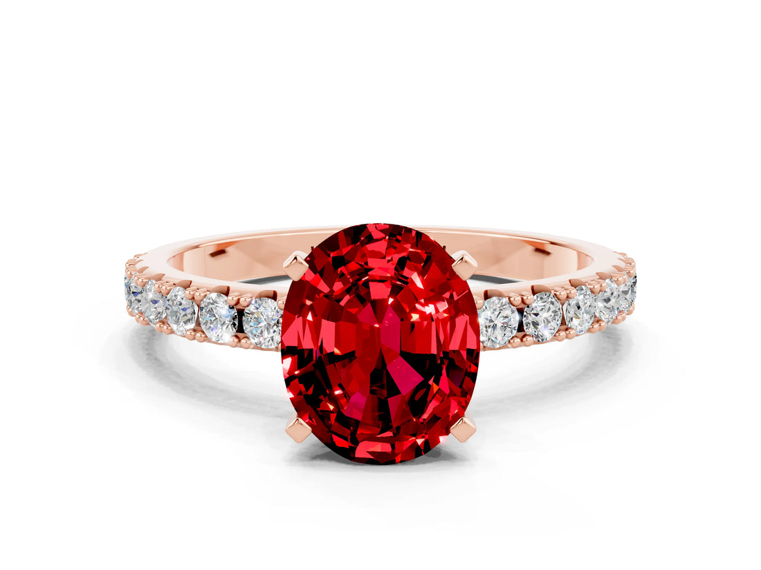 Rose gold Oval Cut Ruby Solitaire Pavé Band with Four-Prong Setting