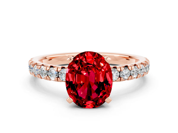 Rose gold Oval Cut Ruby Solitaire Pavé Engagement Ring with Round Band and Prong Setting