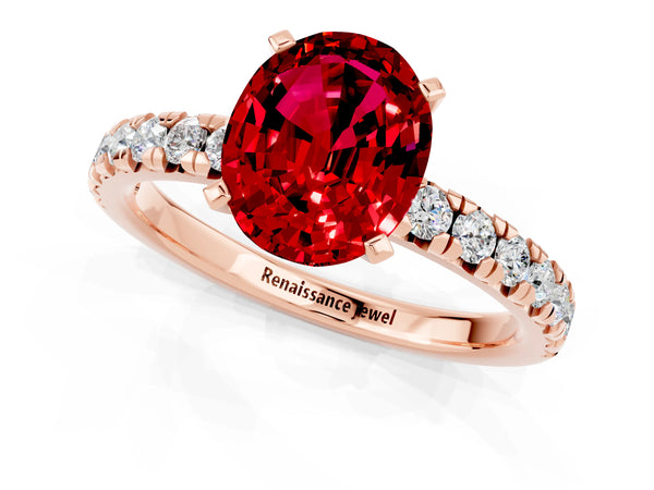 Rose gold Oval Cut Ruby Solitaire Pavé Engagement Ring with Round Band and Prong Setting