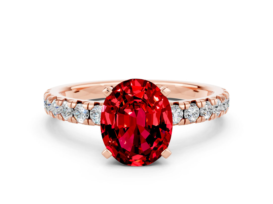 Rose gold Oval Cut Ruby Solitaire Pavé Engagement Ring with Round Band and Prong Setting_66