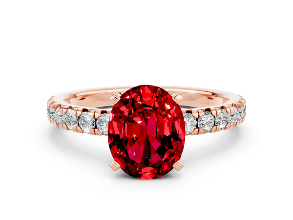 Rose Gold Oval Lab-Grown Ruby Solitaire Engagement Ring with Large Round Accent Band
